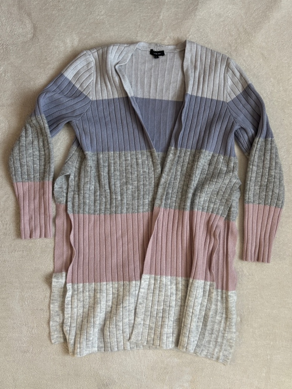 Long Ribbed Open Cardigan - Pink, Gray & Blue Stripes
